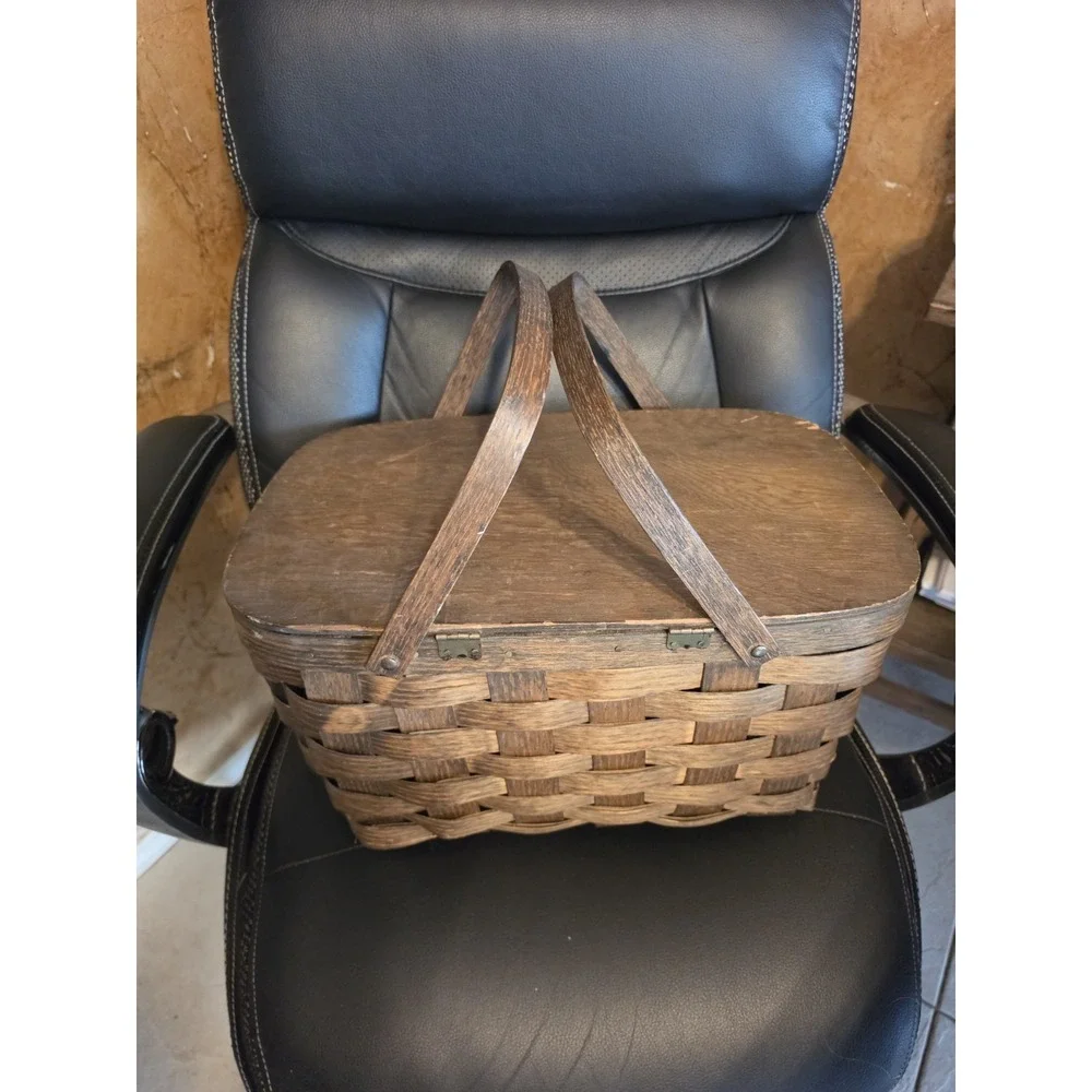 Vintage Woven Wood Picnic Basket Rustic 18x12x9